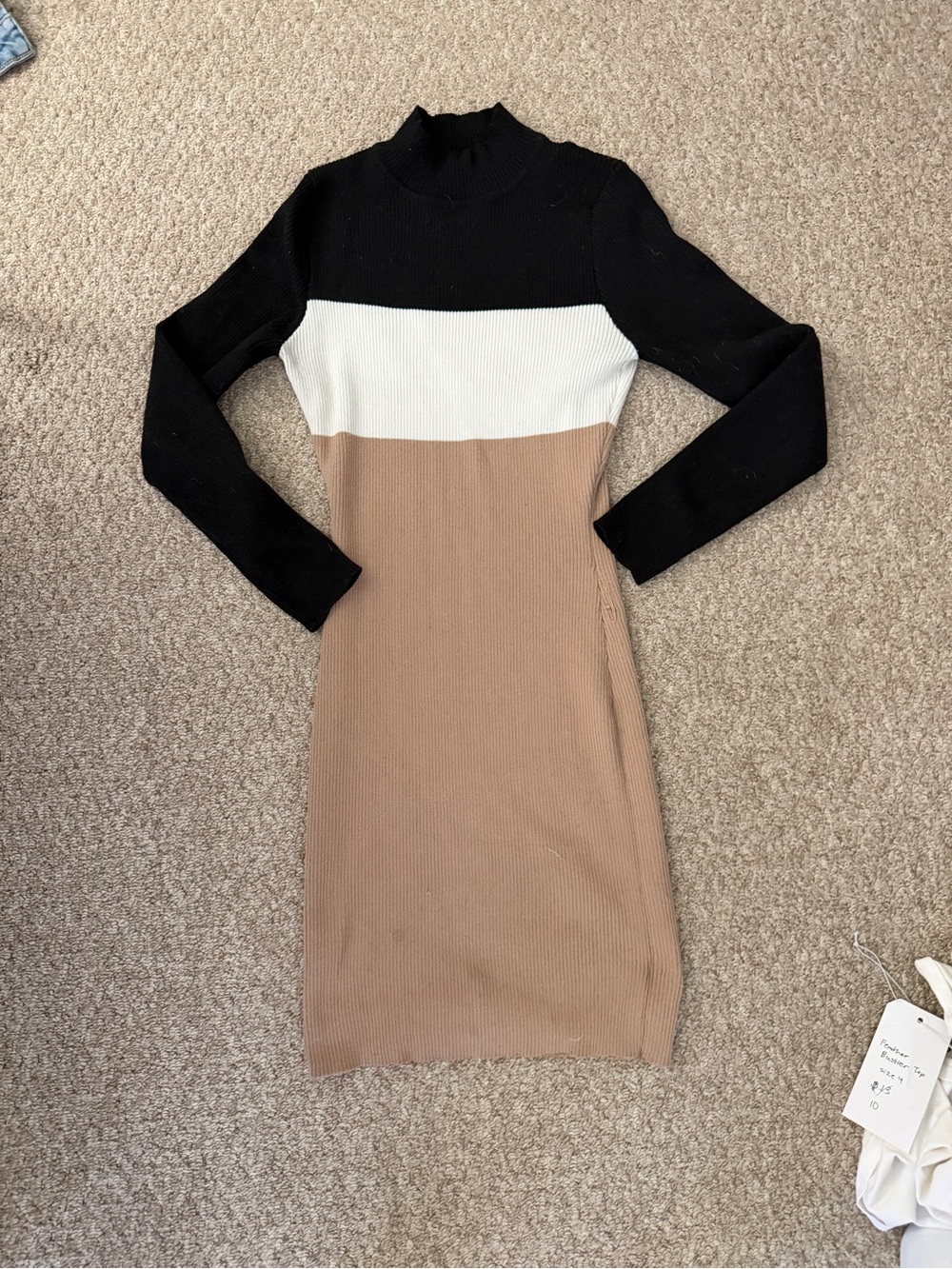 Charlotte Russe Black, White & Tan Colorblock Rib sweater Knit Long Sleeve Dress